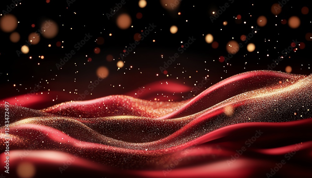 Poster a vibrant abstract composition featuring flowing red fabric with sparkles. the interplay of light an
