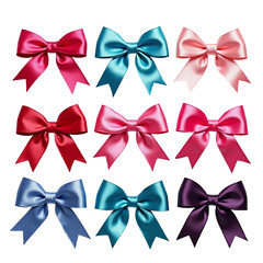 Colorful satin bows in various shades displayed on an isolated white background ideal for crafts and decorations