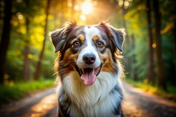 Happy Australian Shepherd Puppy in Forest, Bokeh Background - Stock Photo