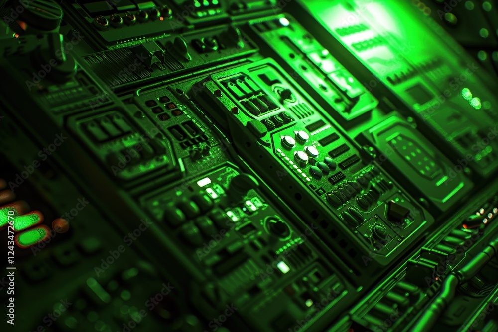Poster a close-up view of intricate circuit board patterns illuminated by green light, showcasing a blend o
