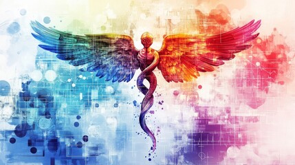 Medical Caduceus Symbol with Wings Representing Healthcare and Healing in Digital Art Style.