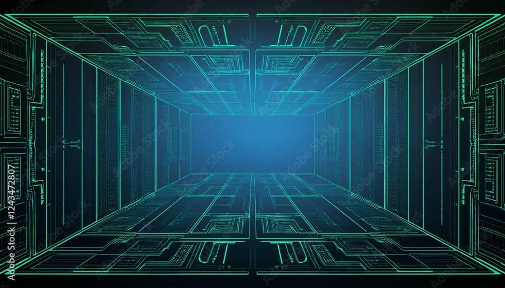 Poster abstract digital tunnel, glowing teal lines creating a futuristic cyberspace corridor. deep blue bac