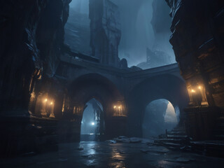 Mysterious Gothic Alleyway in Dim Light, An atmospheric, dark alleyway with intricate architecture, perfect for fantasy-themed artwork or storytelling settings.