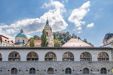 Mesarski most, butcher's bridge, bridge with padlocks spans the promenade Ljubljanica River.