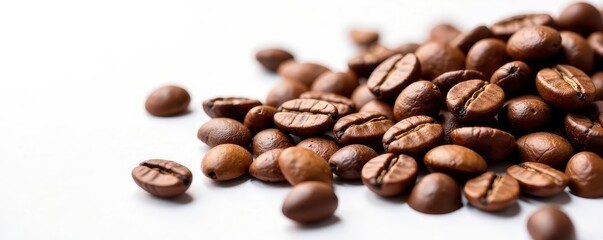 Naklejka premium Whole coffee beans arranged on white background, background, visual