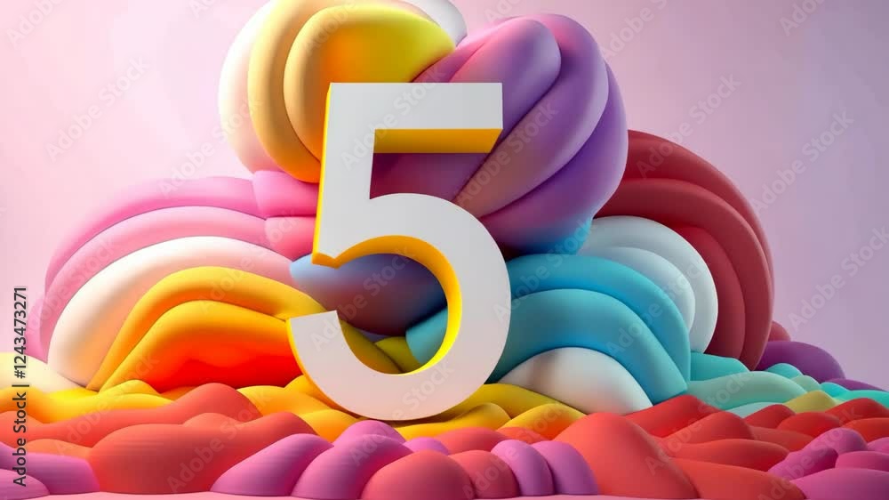 Poster a creative and colorful display highlights a large number five, crafted from soft shapes and vibrant