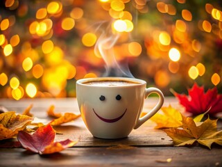 Obraz premium Happy Coffee Cup Bokeh - Warm Drink, Smiling Mug, Cozy Morning, Autumn Vibes, Coffee Break