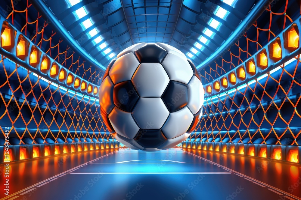 Poster a dynamic soccer ball is suspended in a brightly lit arena, surrounded by a net and glowing lights t