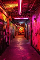 Fototapeta premium Neon-lit graffiti hallway, urban exploration, vibrant background, perfect for cyberpunk themes