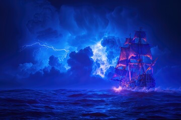 Fototapeta premium A dramatic, stormy scene featuring a glowing ship amidst turbulent waves and dark clouds illuminated by lightning.