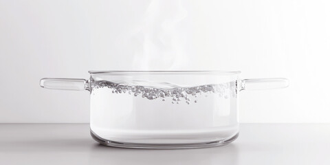 A transparent glass pot with boiling water and bubbles, set against a clean white background, showcasing modern kitchenware and minimalistic design.