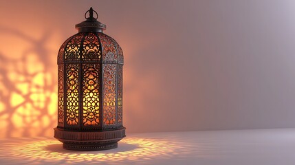 Ornate lantern casting warm light on a neutral background.