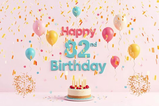 Animated 3D Happy 82nd Birthday background video in pastel theme with floating balloons, lit candles, fireworks, and confetti shower