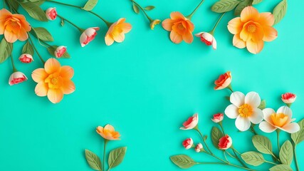 Colorful paper cut flowers, green leaves, turquoise green background, copy space, creative menu, spring, wallpaper, copy space, wallpaper, turquoise green