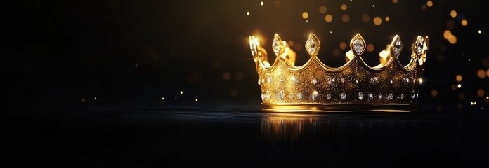 A golden king's crown on a black background with copy space, in a banner format.