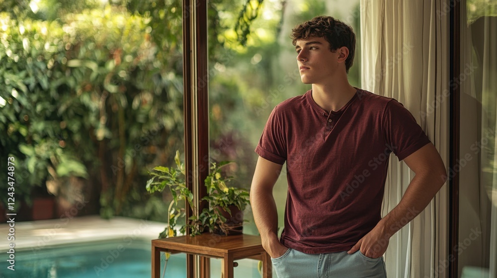Poster young man in casual attire reflects while leaning against the window in a vibrant indoor setting sur