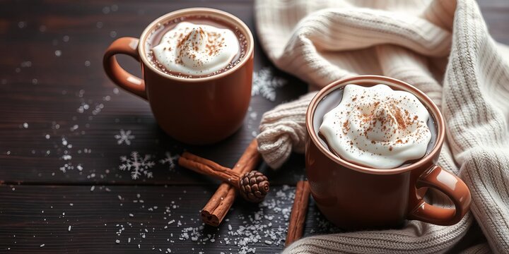 Cozy Christmas composition with two mugs of hot chocolate, whipped cream, cinnamon stick, and sweet treats on dark wooden background, cozy, cold winter days, cinnamon stick