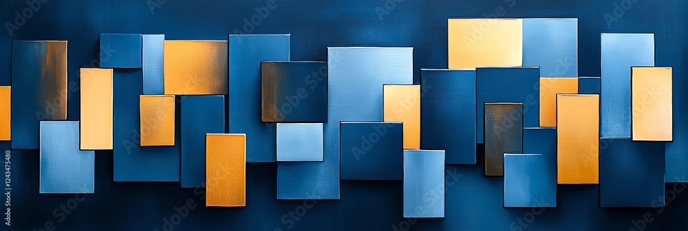 Poster abstract design featuring a blend of blue and orange rectangles on a deep blue background, creating 