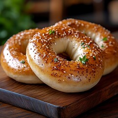Three sesame bagels on wooden board.