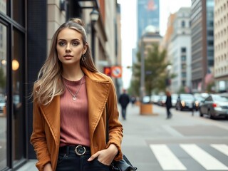Obraz premium Fashionable young woman posing with city skyline in the background, lifestyle, model, downtown