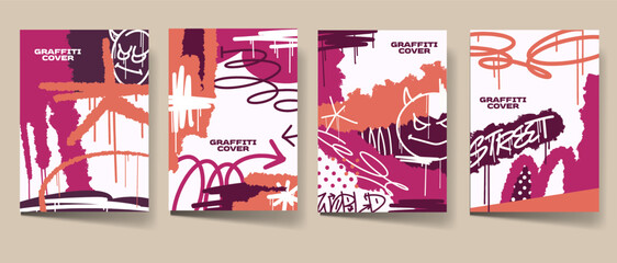 Graffiti cover set. Abstract poster bundle, graffiti style cover set. Colorful graphic print template, vector illustration