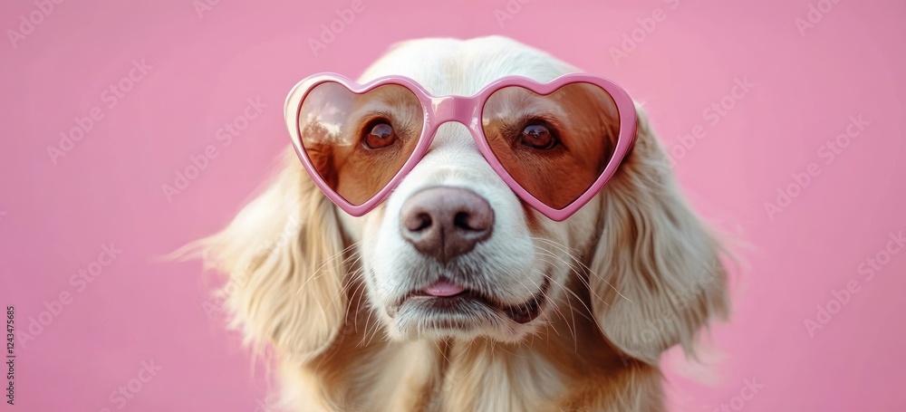 Wall mural adorable golden retriever in heart shaped glasses for valentine's day with pink background