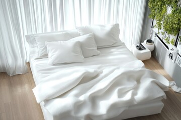 White Bed with Soft Linen Pillows in Serene Bedroom