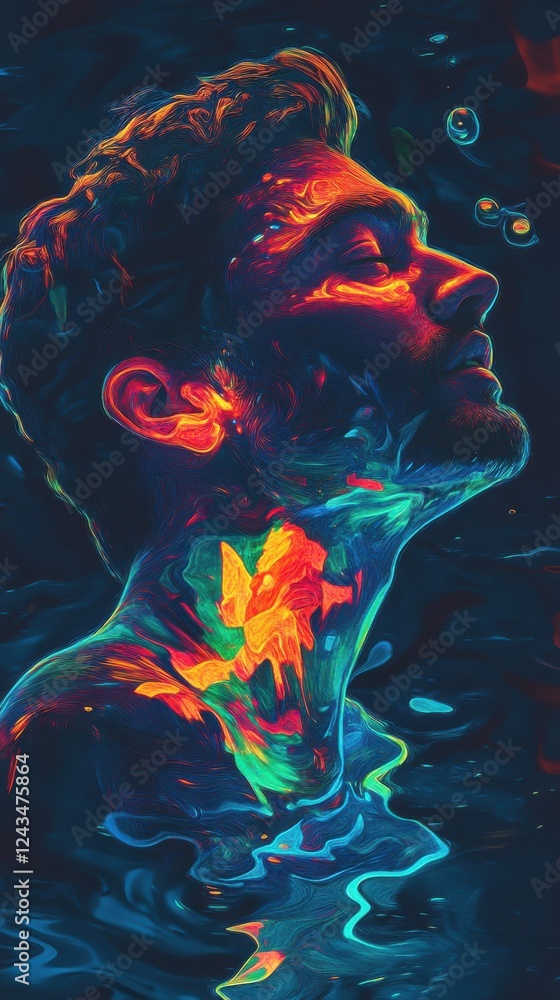 Poster vibrant profile illustration of a man submerged in colorful water with light reflections at twilight