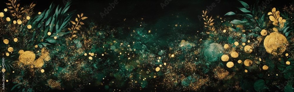 Poster vibrant emerald green and gold sparkle design creating an enchanting atmosphere for celebrations and