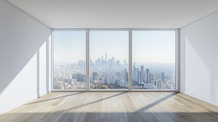 Fototapeta premium Modern high-rise skyline view through a large window. Empty interior with a white wall, perfect for interior design mockups, real estate marketing, or urban lifestyle concepts. Bright daylight