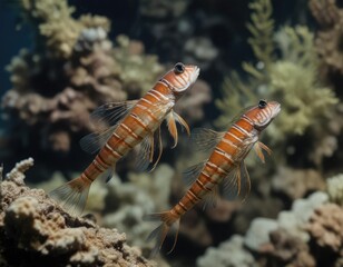 Wide shot of a wide barred shrimpgoby pair in a symbiotic relationship, dynamic duo, saltwater fish