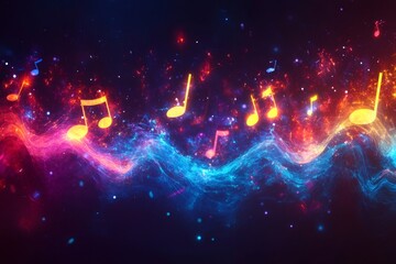 Vibrant musical notes dancing in colorful waves