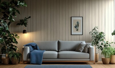 Cozy Living Room Interior with Modern Gray Sofa and Blue Throw Blanket in Scandinavian Design