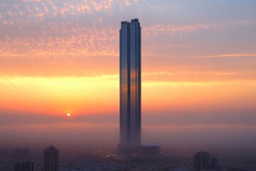Fototapeta premium Modern skyscraper standing tall in the foggy city at sunset