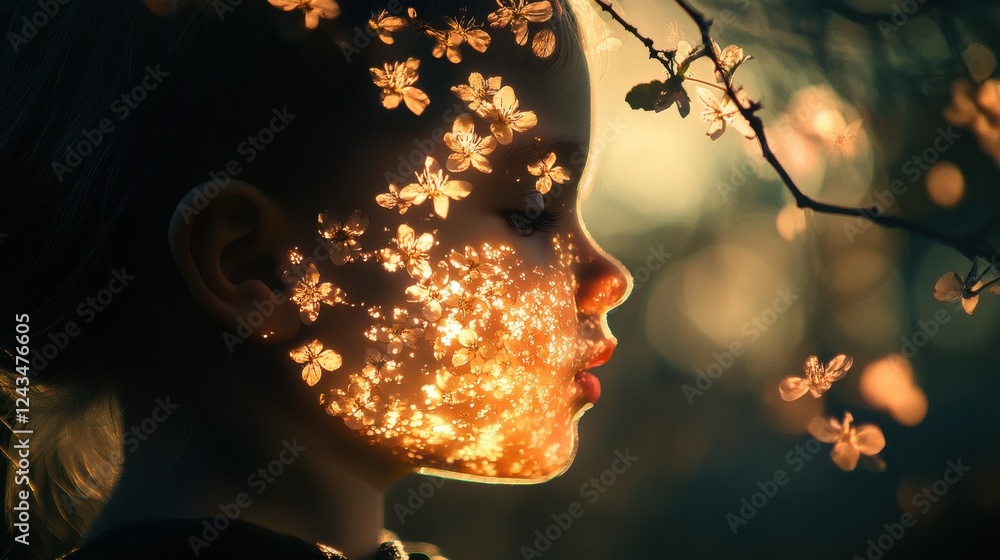Aufkleber surreal representation of a glowing child surrounded by blossoms during golden hour in a natural set