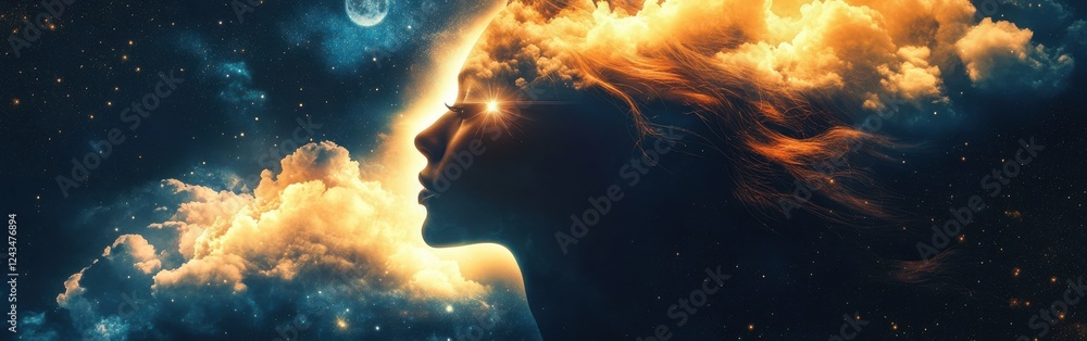 Poster surreal representation of a glowing woman surrounded by clouds and cosmic elements in a dreamlike ni