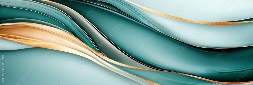 Poster an abstract composition featuring flowing waves of teal and gold, creating a serene and modern visua