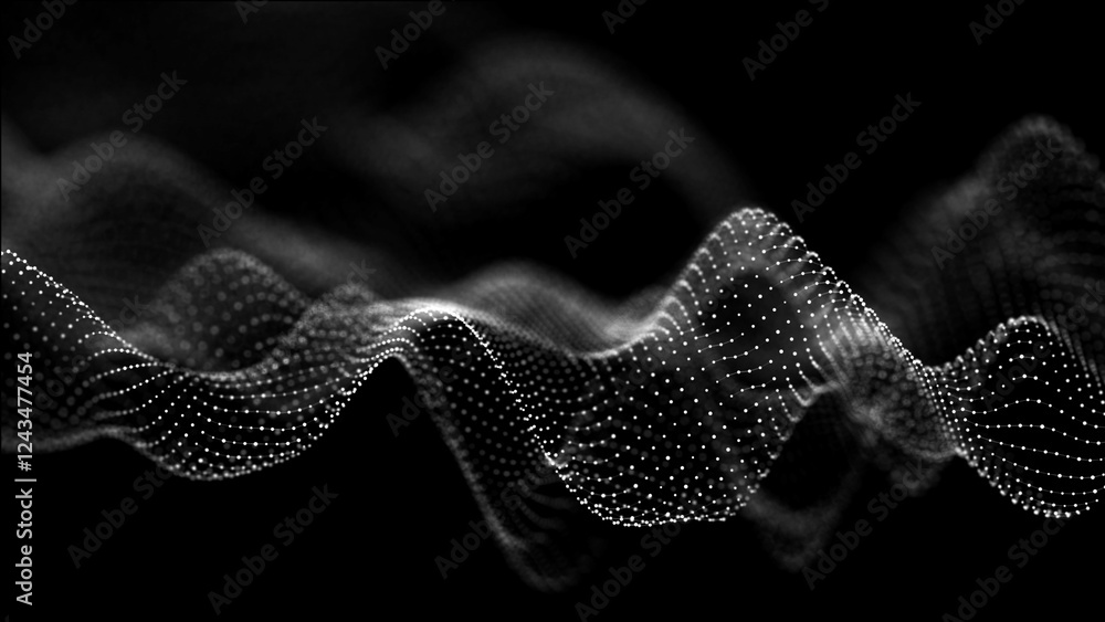 Poster abstract interweaving of dots and lines on a dark background. data connection technology. 3d renderi