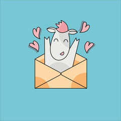 vector illustration cute horse doodle flat style, pony horse jumping out of envelope with hearts letter love smiling cartoon character