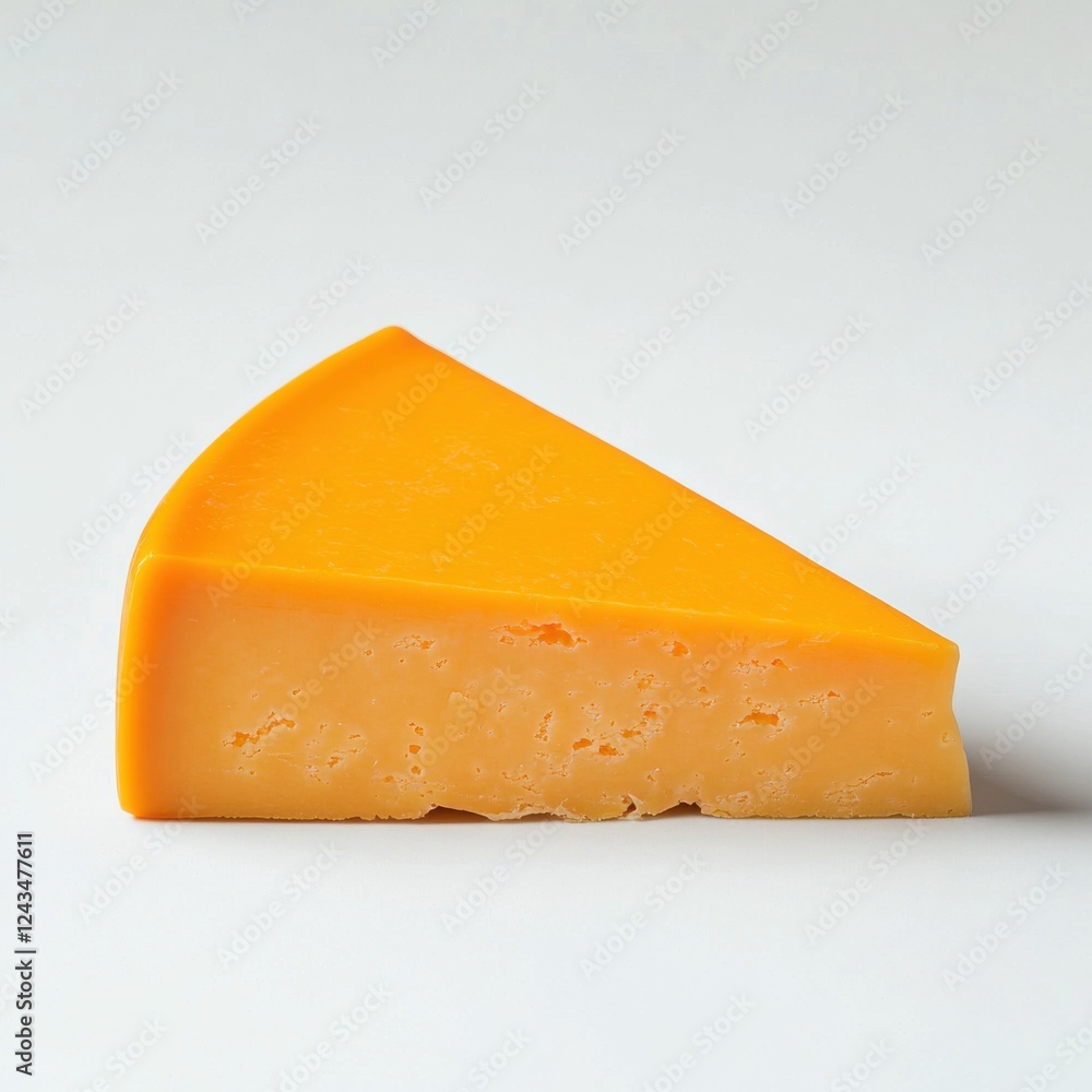 Poster Bright slice of cheddar cheese resting on a clean surface with a smooth and shiny texture reflecting light
