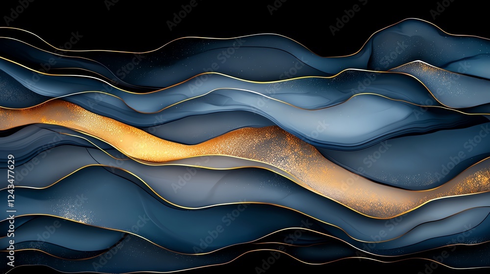 Aufkleber an abstract design featuring flowing waves in deep blue and gold tones. the fluid shapes create a se