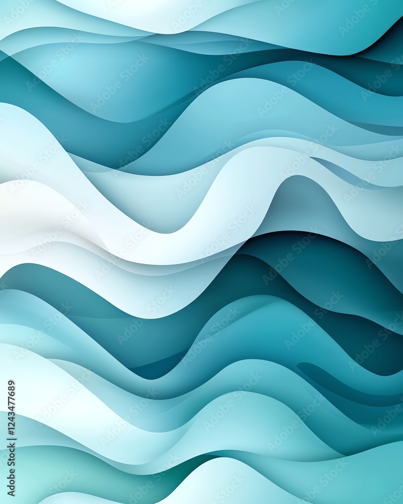 Poster an abstract design featuring flowing waves in shades of teal and white, creating a calming and fluid