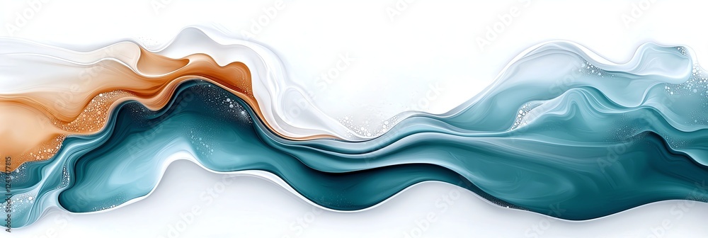Poster an abstract design featuring flowing waves of teal, white, and copper. the dynamic movement and harm