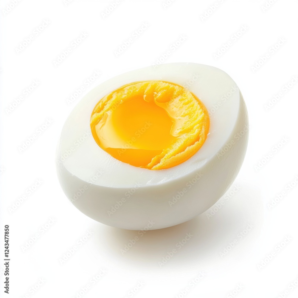 Poster boiled egg with shell removed resting on a clean surface showcasing its creamy yolk and firm white