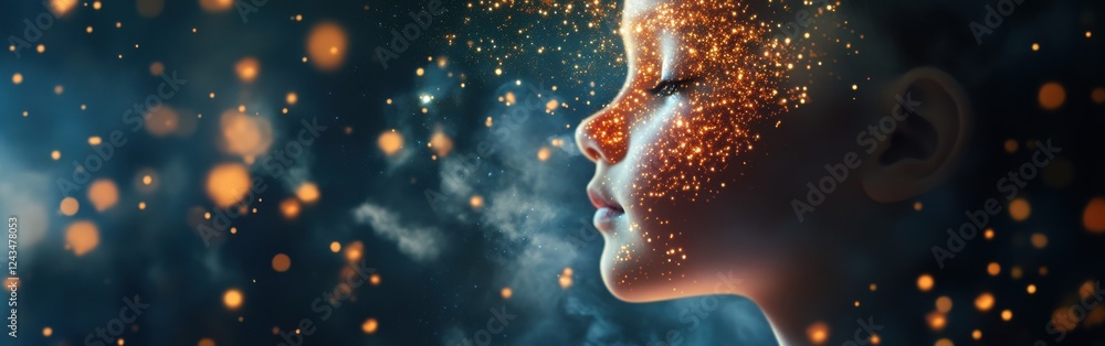 Aufkleber serene visualization of a child's face illuminated with sparkling lights against a dark background d