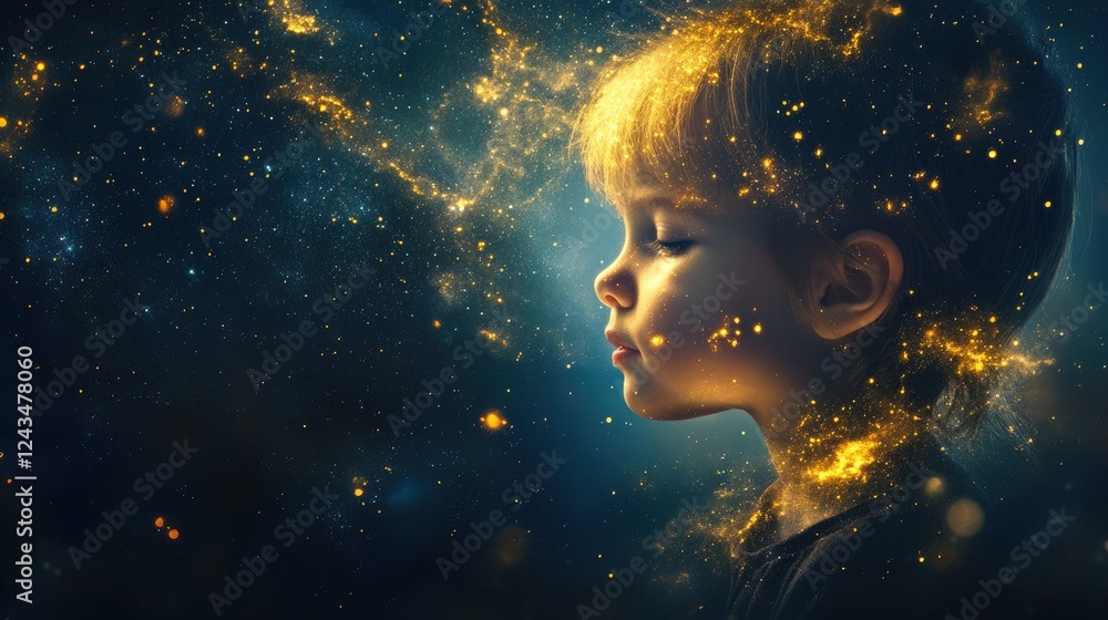 Poster child glowing with cosmic light in a serene setting surrounded by a starry universe