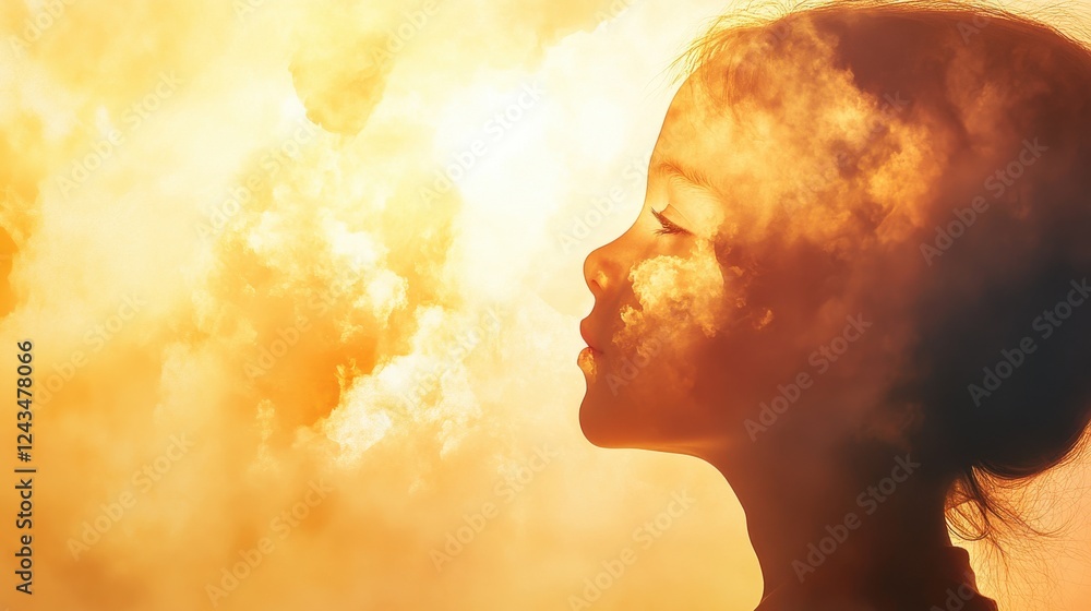 Poster Silhouette of a child glowing with warmth against a vibrant sunset sky filled with soft clouds