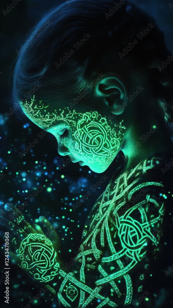 Aufkleber Child exhibiting a captivating glow with intricate patterns in a tranquil setting during twilight