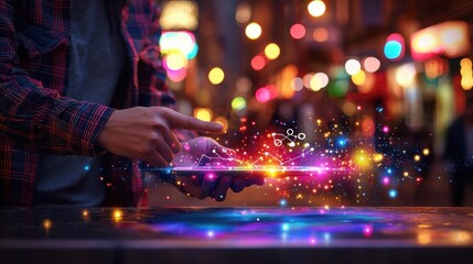 modern business and technology theme. Blurred background with people. A sleek, simple and sleek holograms emerge, showcasing technology icons and networking