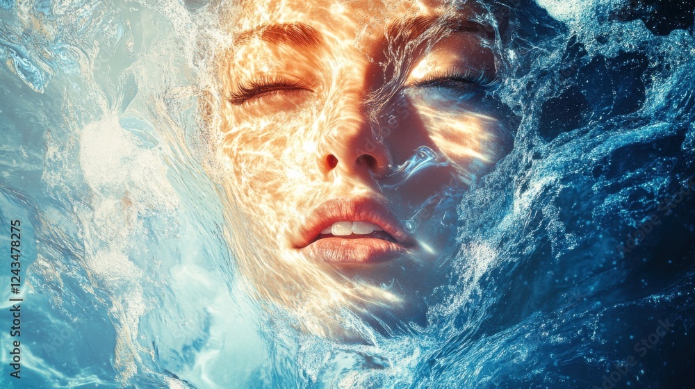 Poster portrait of a woman with a glowing face submerged in water illuminated by soft light